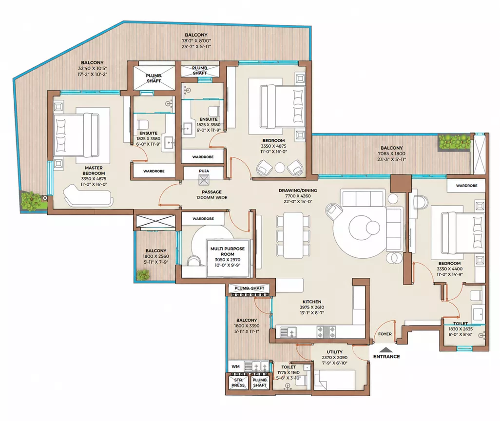 Cocoa County Type D 3 BHK floor plan - 2592 Sq. Ft.